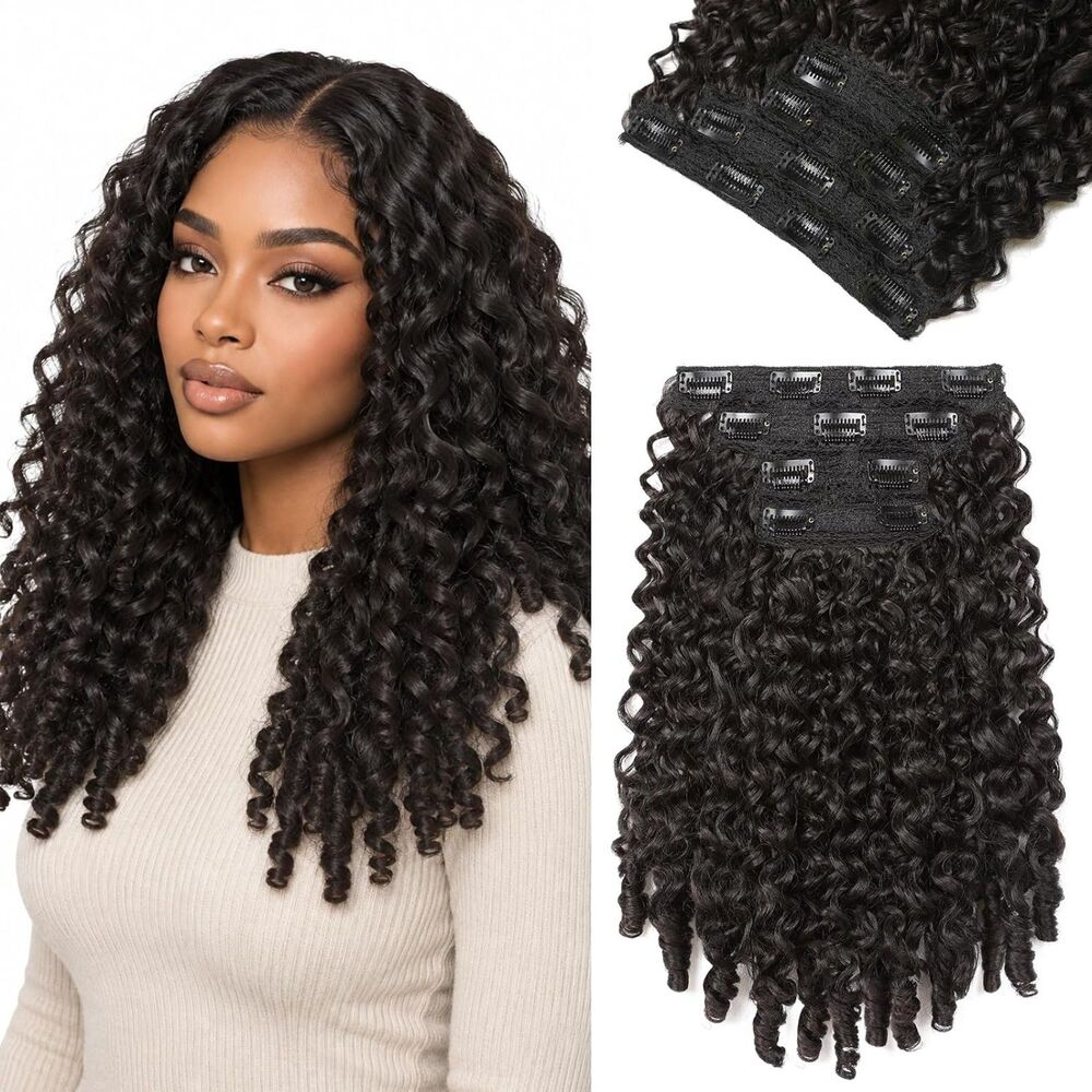 New 14" Burmese Curly Clip-In Hair Extensions 4PCS Black Brown Synthetic